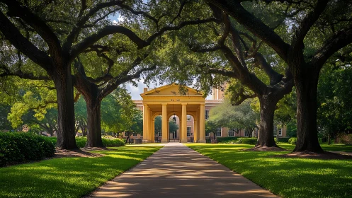 Yellow campus archway framed by large spreading oak trees.
