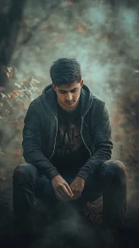 Brooding young man in moody forest haze portrait.