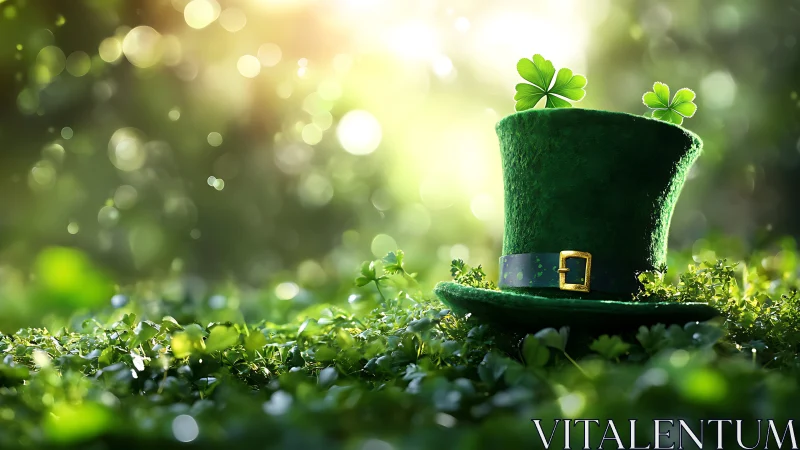 Sunlit leprechaun hat crowned with lucky clover magic.