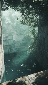 Sunlit stone pool enclosed by ivy and weathered walls.