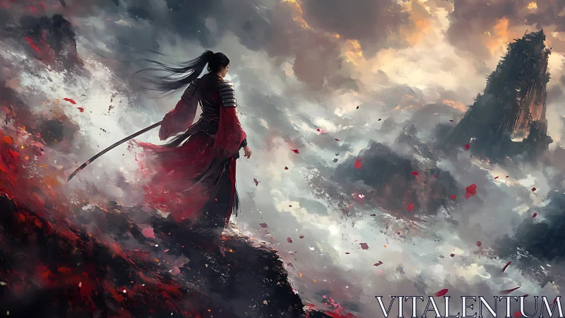 Storm-edge ronin surveys crimson cliffs and rising mists.