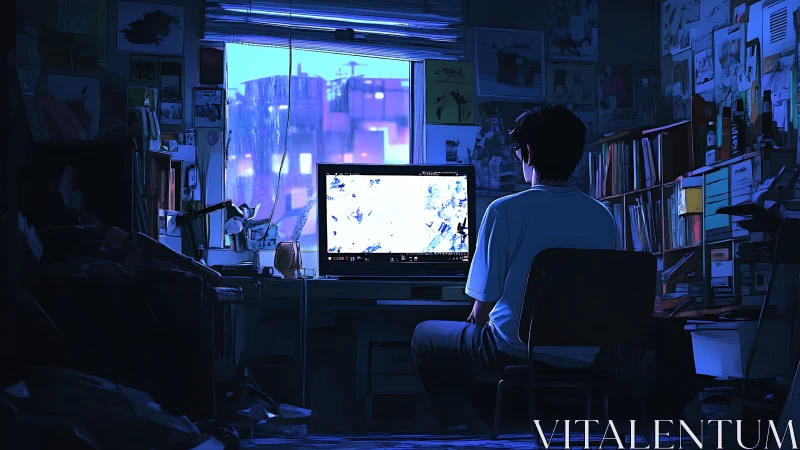 Solitary figure at computer in dim blue-lit studio room.