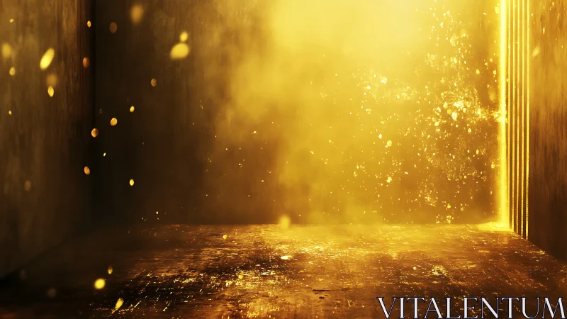 Golden portal room drenched in drifting luminous particles.