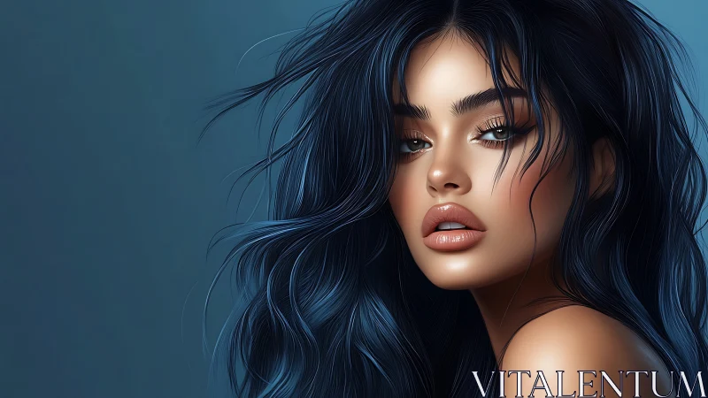 Hyperreal digital portrait of woman with iridescent blue hair.