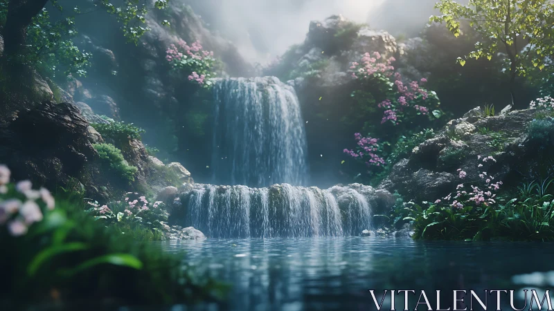 Lush twin-tier waterfall in misty enchanted forest glade.