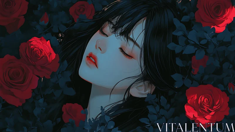 Sleeping girl with dark hair surrounded by red roses.