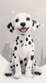 Dalmatian puppy sits on snow with stylized winter backdrop