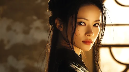 Warm golden portrait of a thoughtful woman in soft light.