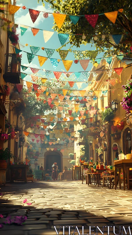 Sunlit cobblestone market street with colorful papel picado bunting