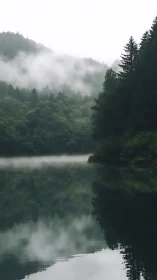 Misty Forest Lake with Coniferous Woodland Reflection.