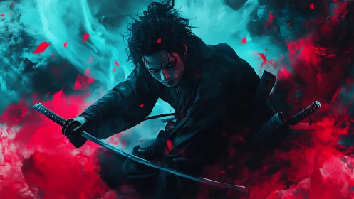 Sword-wielding warrior crouches in swirling red cyan smoke