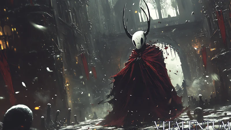 Masked wanderer in crimson cloak crossing a fallen hall.