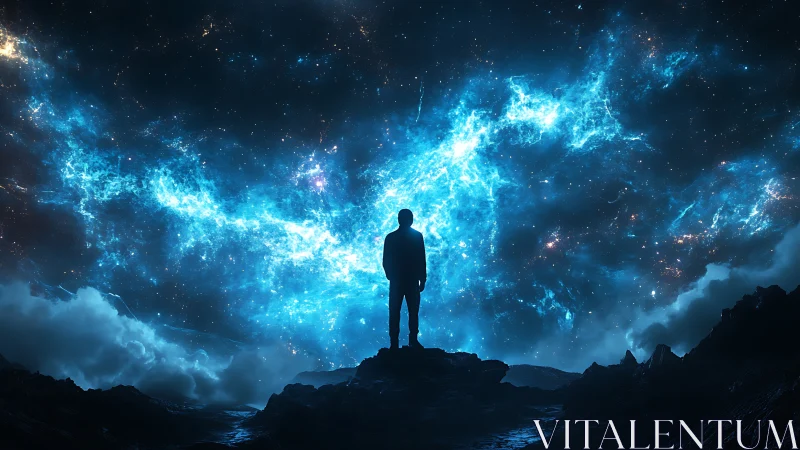 Silhouette on alien ridge beneath luminous blue nebula sky.