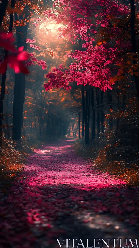 Chromatic Woodland Path: Cinematic Forest Canopy with Magenta Foliage Backlighting