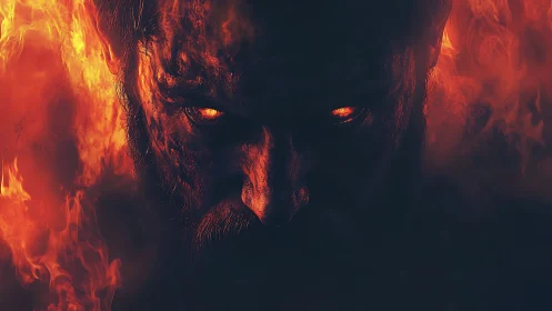 Demonic face emerges from darkness amid engulfing flames