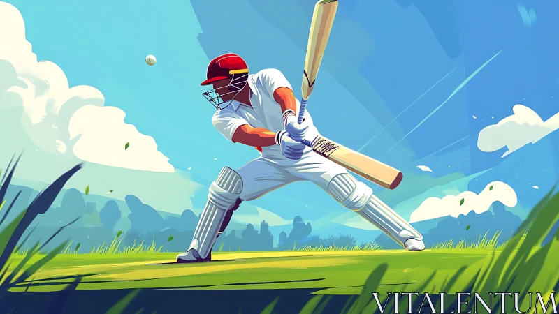 Cricketer drives ball across vivid sunlit outfield.