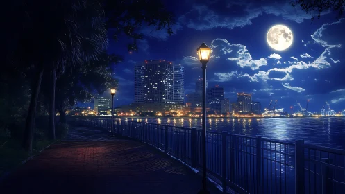 Digital night city waterfront under full moon illumination.