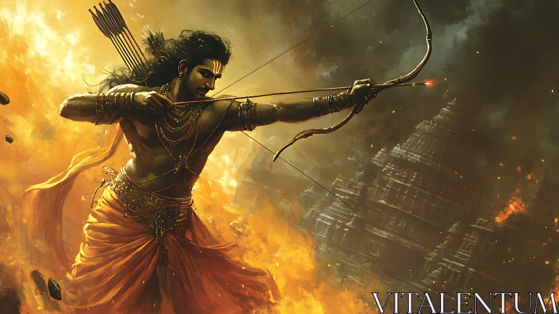 Heroic archer stands firm in swirling fire and stormy sky.