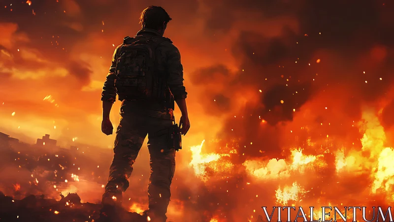 Soldier Stands Against Raging Inferno.