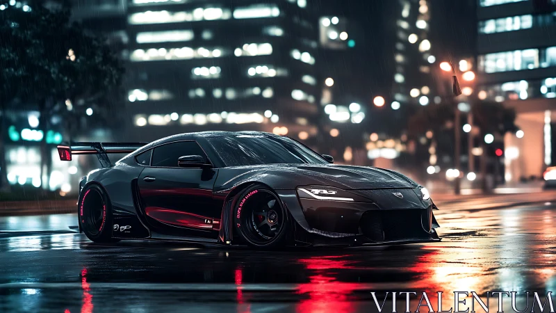 Modified sports coupe is parked on wet urban street at night