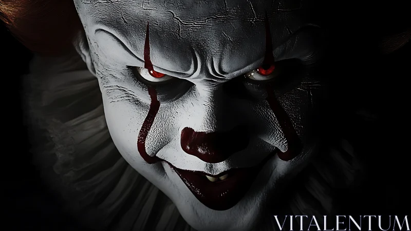 Sinister clown face emerges from darkness with glowing eyes