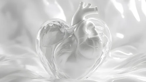 Transparent glass heart with anatomical detail in ethereal white setting.