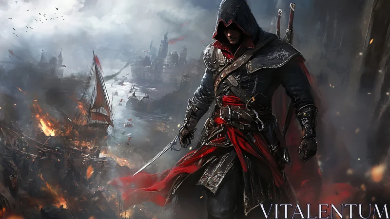 Hooded armored assassin stands over burning harbor siege.