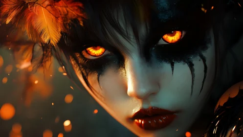 Fiery eyed fantasy portrait with dark feathers and embers.