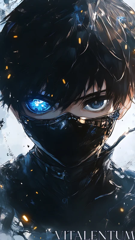 Cybernetic-eyed masked warrior stands in fractured light.