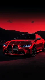 Red performance coupe cuts through high-contrast nocturnal gradient