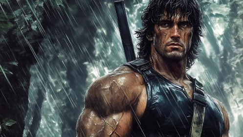 Battle-hardened warrior stands tense in relentless jungle rain.