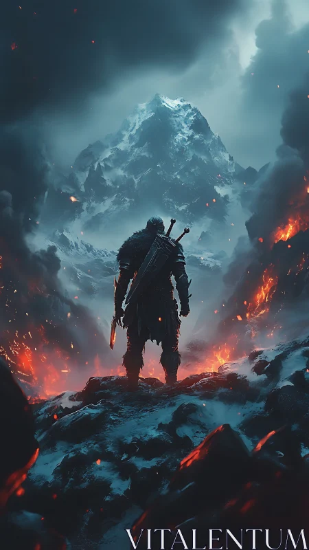 Lone warrior confronts burning glacier peak at dusk.