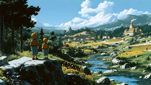 Two small travelers drink in a valley painted with mountain light