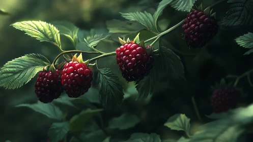 Sunlit bramble berries glowing in a quiet green garden.