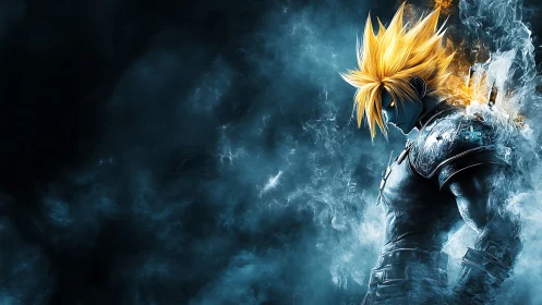 Brooding spiky‑haired warrior amid ethereal blue smoke.