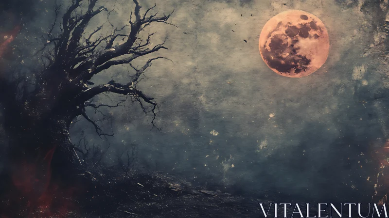 Blood moon rises above haunted twisted tree at night.