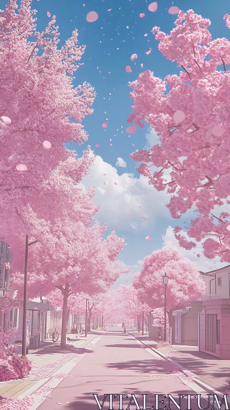 Cherry blossom boulevard rendered in soft pastel digital light