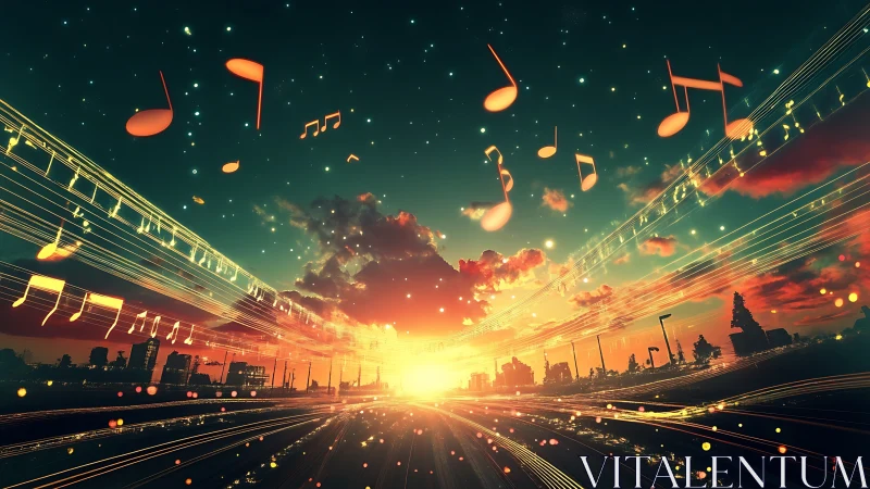 Digital cityscape depicts musical notation over sunset horizon