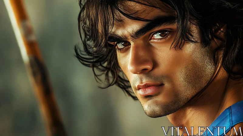 Striking young man gazes ahead with warm, focused intensity