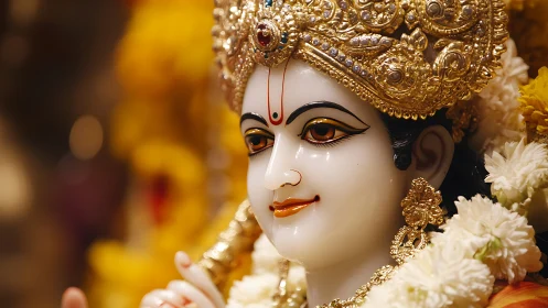 Gilded devotional statue with floral garland and jeweled crown.
