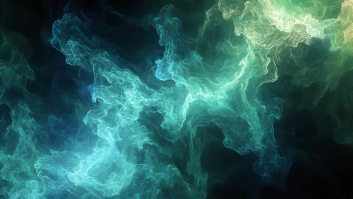 Diffuse turquoise and green luminous wisps form swirling plumes