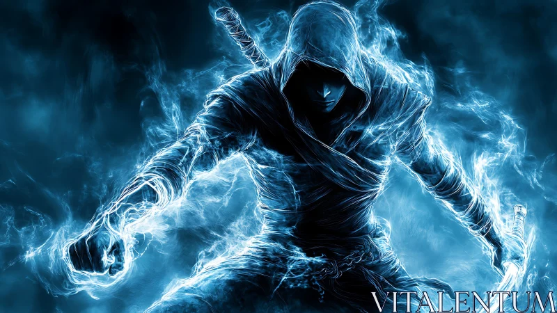 Spectral hooded warrior formed in electric blue energy.