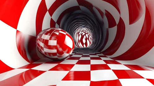 Checkerboard vortex tunnel with reflective red sphere dynamics.