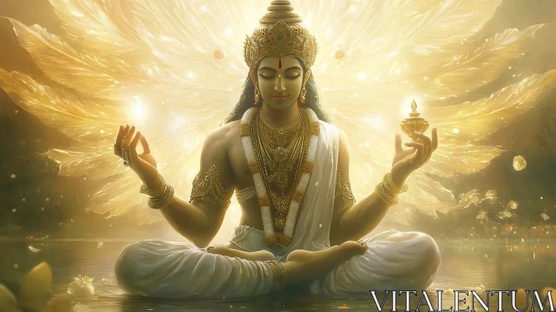 Radiant golden deity meditates in a serene celestial glow