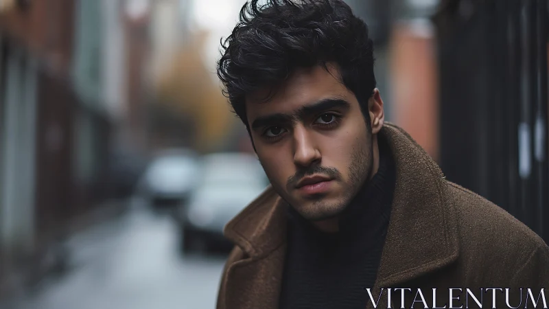 Brooding city wanderer in soft-focus autumn alleyway.