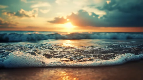 Sunlit shoreline waves catching the last glow of day.