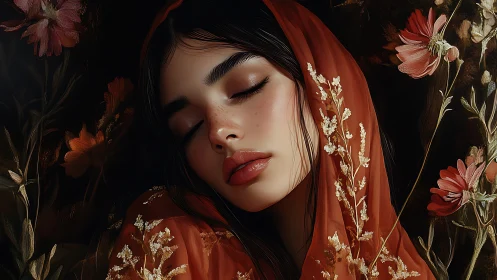 Soft diffused portrait with red veil and botanically framed face