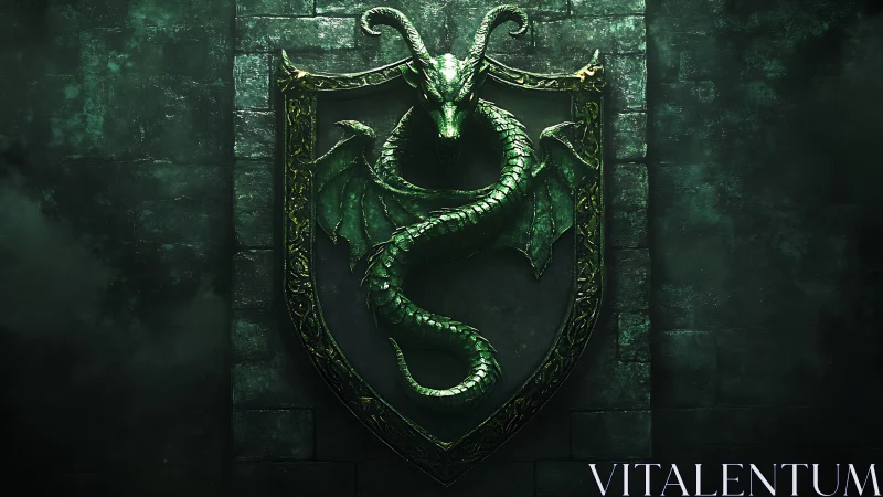 Embossed emerald dragon crest on stone fortress shield wall.