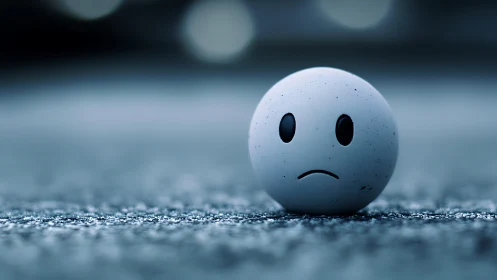 Sad emoticon sphere rests alone on a cold textured floor