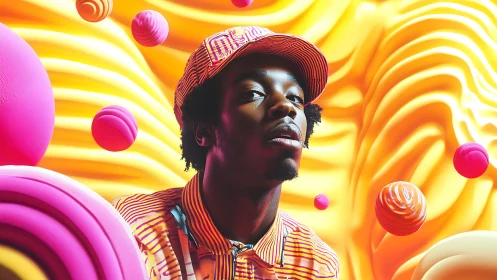 Color-drenched portrait merges fashion with playful spheres.